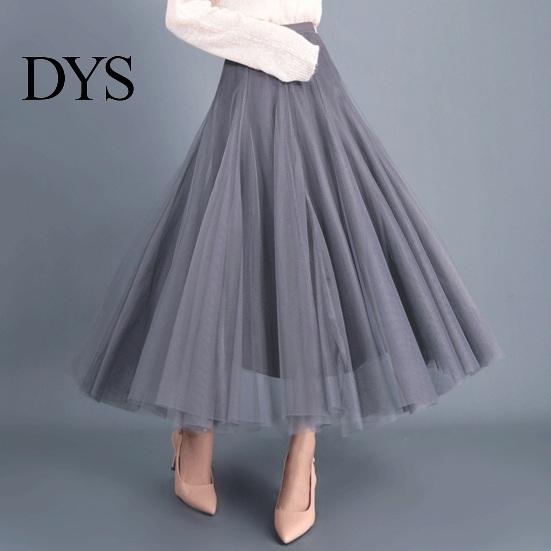 Casual Skirt Women Midi Elastic High Waist Long with A-Line Solid Mesh Hem Color Daily Wear High-waist
