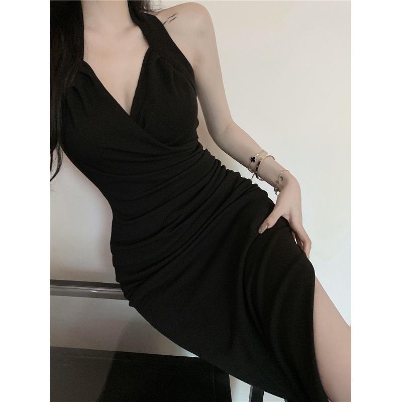 Pure Desire Sexy Neck Suspender Dress Women's Summer French High-end Temperament Long Waist Split Hip Skirt