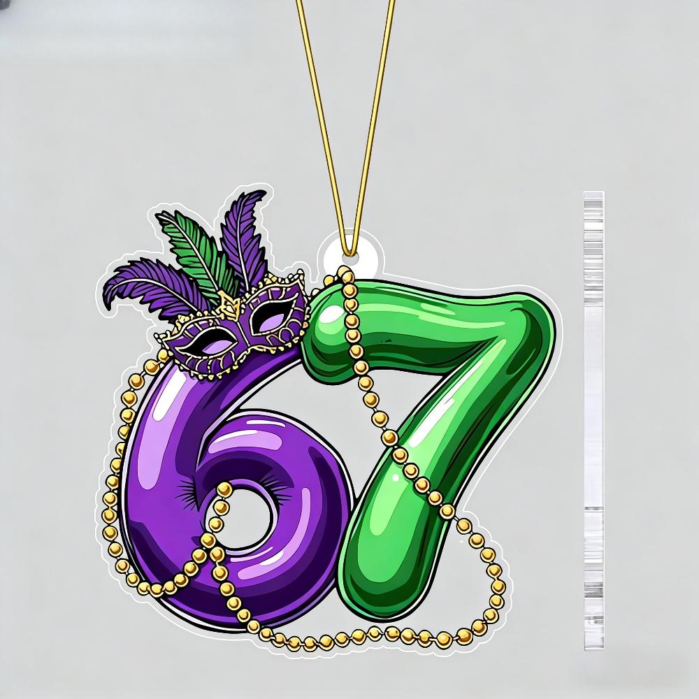 

Акрилова прикраса на Масляну Сім Шість із візерунком золотих масок | Прозорі підвіски, краплі та верхівки у формі цифр 67 - Ідеальний подарунок на Карнавал 8*8cm