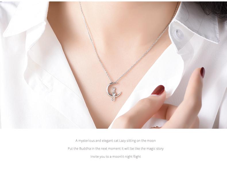 S925 Sterling Silver Cat On Moon Necklace - Cute Korean Style Clavicle Chain for Women