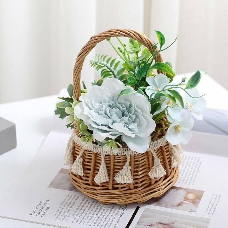 Korean Pastoral Silk Flowers In Handmade Woven Basket for Living Room or B&B Decor