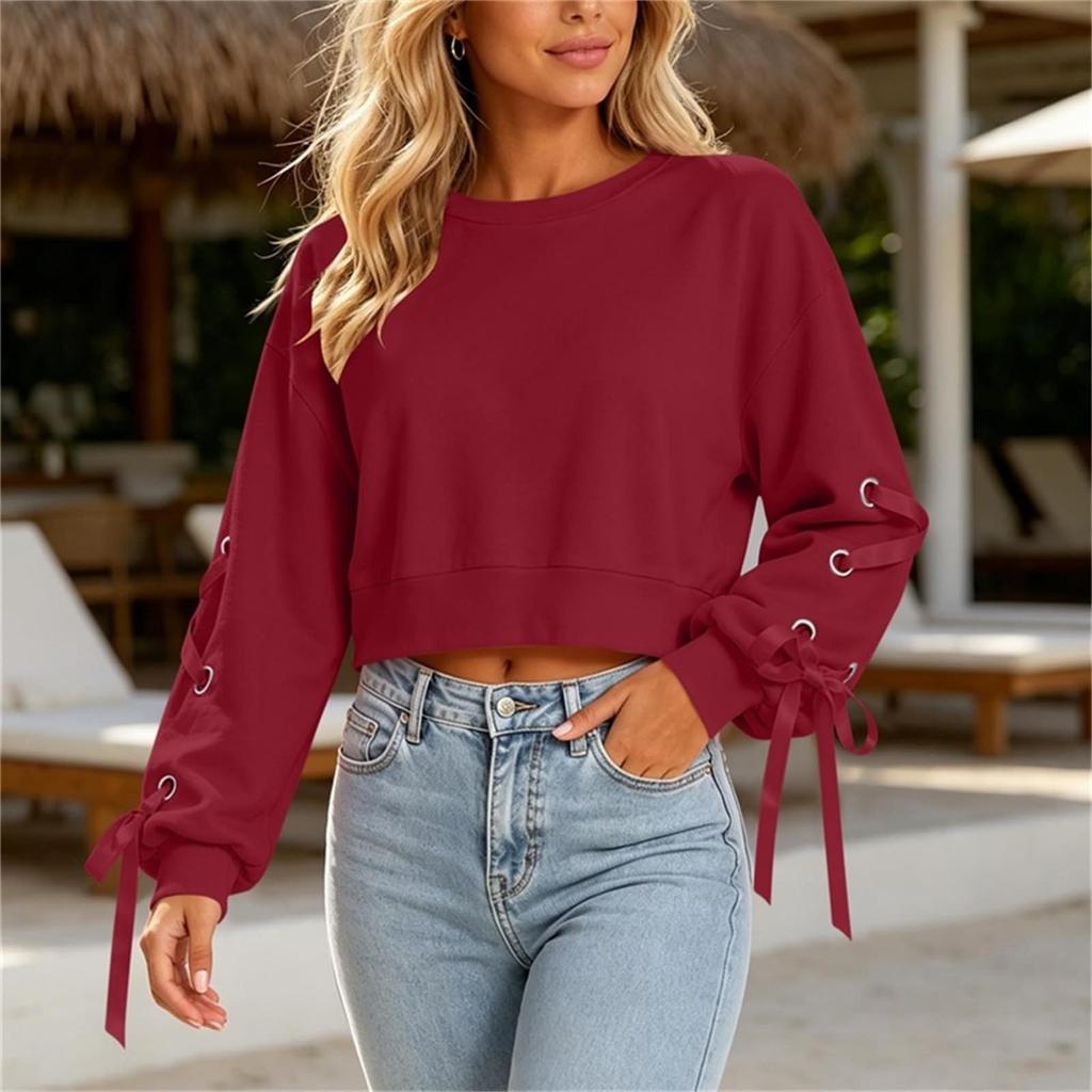 Women's Casual Pullover Sweatshirt Long Sleeve Crew Neck Lace-Up Sleeve Crop Top Lightweight Soft Fabric