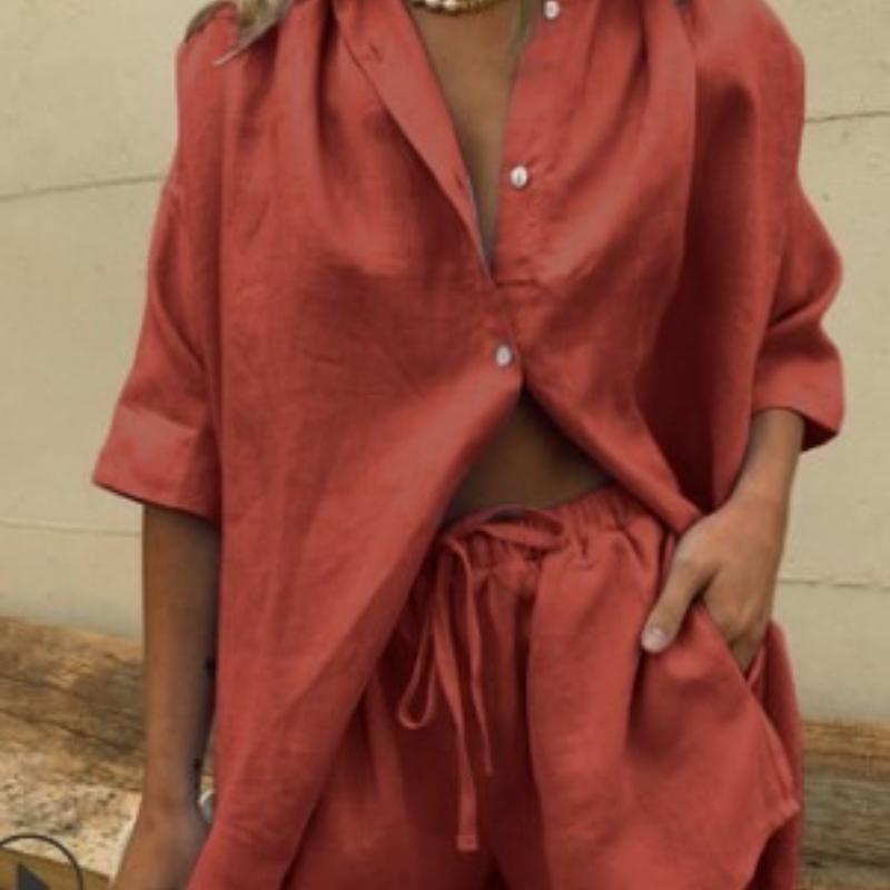 

Women Linen 2-Piece Outfit Oversized Button Down Shirt Drawstring Shorts Casual Summer Beach Matching Set Loose Loungewear with Pockets Holiday Wear XL