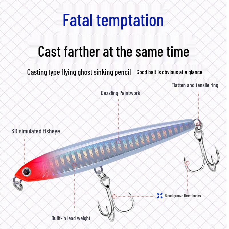 Sinking Pencil Ghost Fly Lure with Blood Groove Hooks - Hard Artificial Plastic Bait