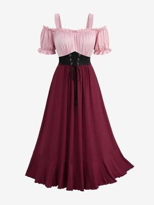 Robe trapèze froncée à lacets et ceinture à épaules dénudées et manches bouffantes de grande taille Rosegal