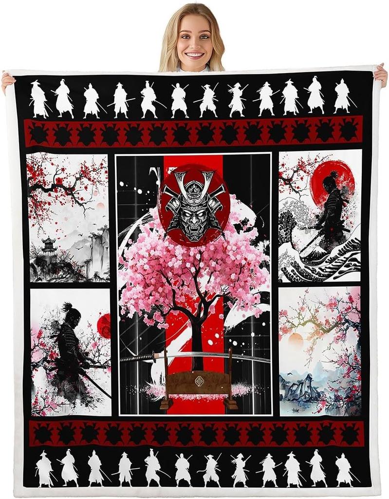 GUOYU Blanket Kids Japanese Geishas Fleece Throw Blanket Queen Boys Girls Cherry Blossoms Plush Blanket Japanese Style Sherpa Blanket Japanese