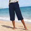Pantaloni Capri da Donna a Colore Unico in Cotone e Lino, Vestibilità Larga, con Cintura e Tasche Multiple Anteriori e Posteriori