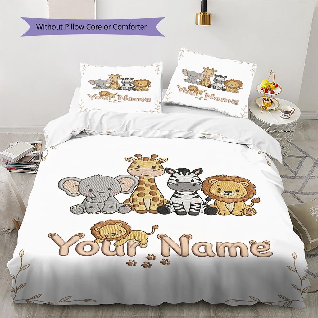 Custom Name,Cute Safari Animal Series Pattern Bedding Home Decoration Birthday Gift ( 1 Duvet Cover + 2 Pillowcase, Without Core),fan Merchandise.