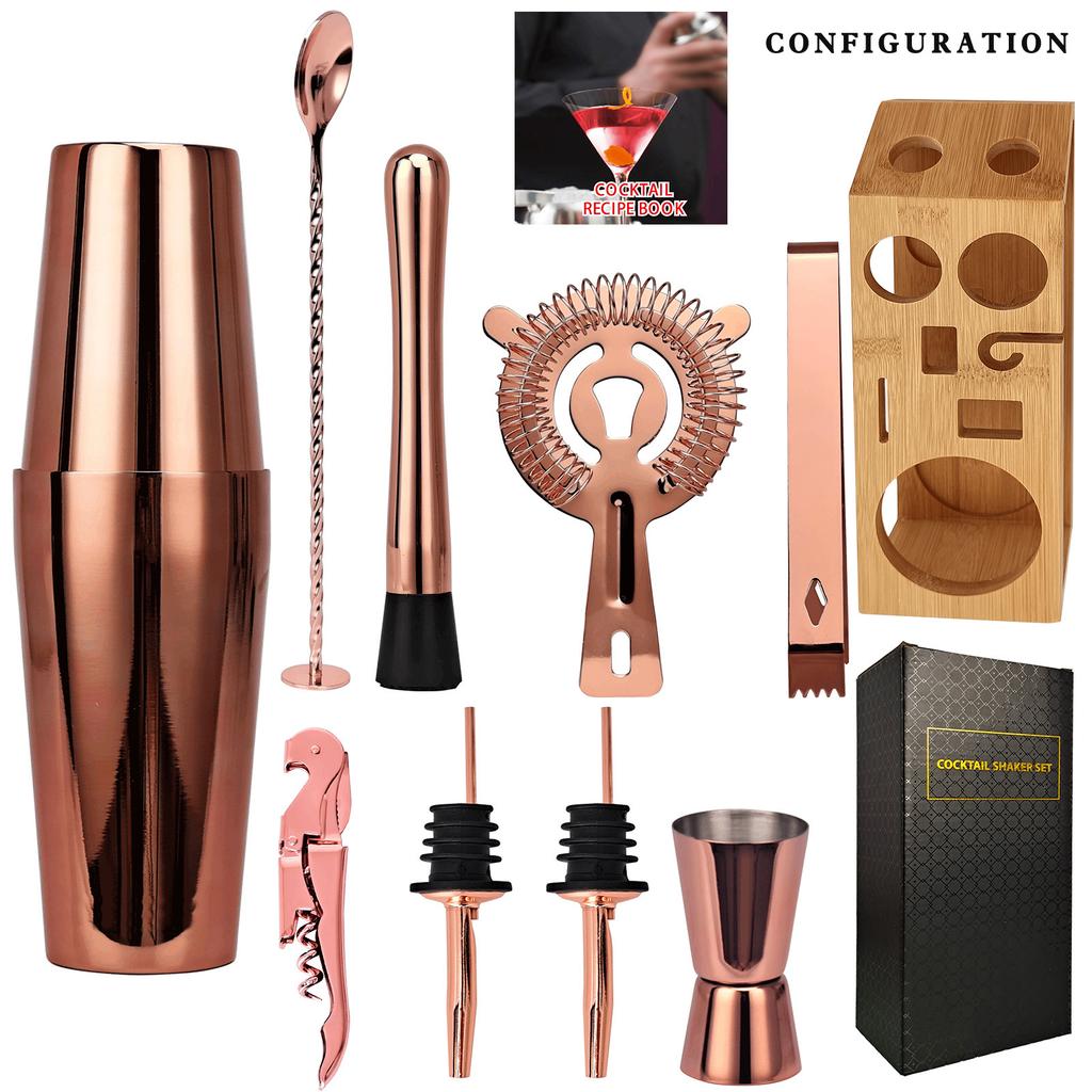 Rose Gold Stainless Steel Trapezoidal Bamboo Frame Mixer Set Bar Mixer Tool 10-Piece Cocktail Mixer Cup