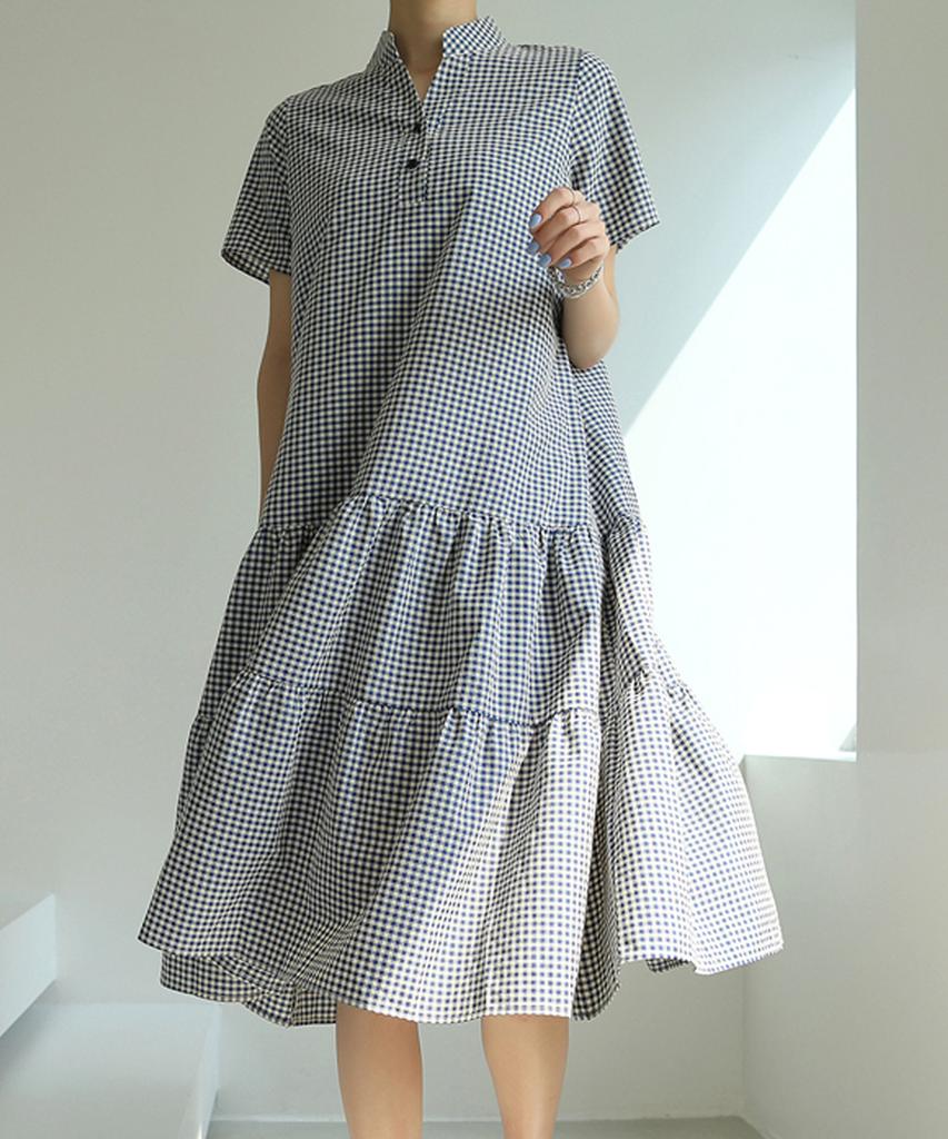 Ppaeppae Waffle Half-Open Check Long Dress