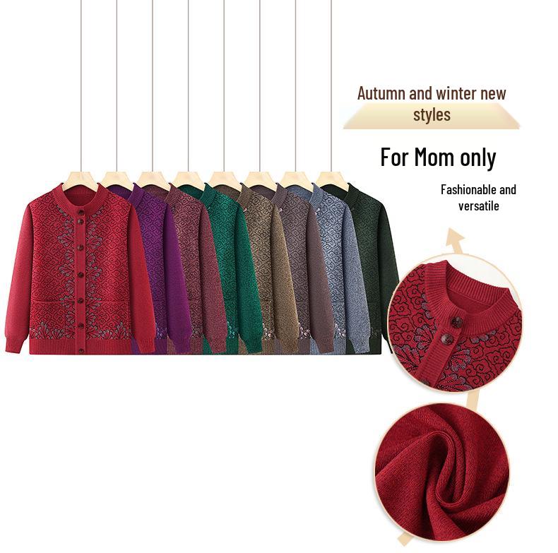 Round Neck Knitted Cardigan for Middle-Aged and Elderly Women - Grandma Style Sweater for Spring and Autumn