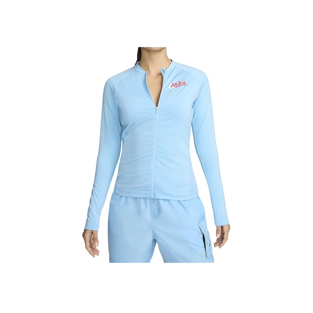 Nike Swim Letter Print Outdoor Casual Sports Zip Collar Long Sleeve Breathable UV Protection Sun Protection Women Tops Water-Blue FZ6336-407