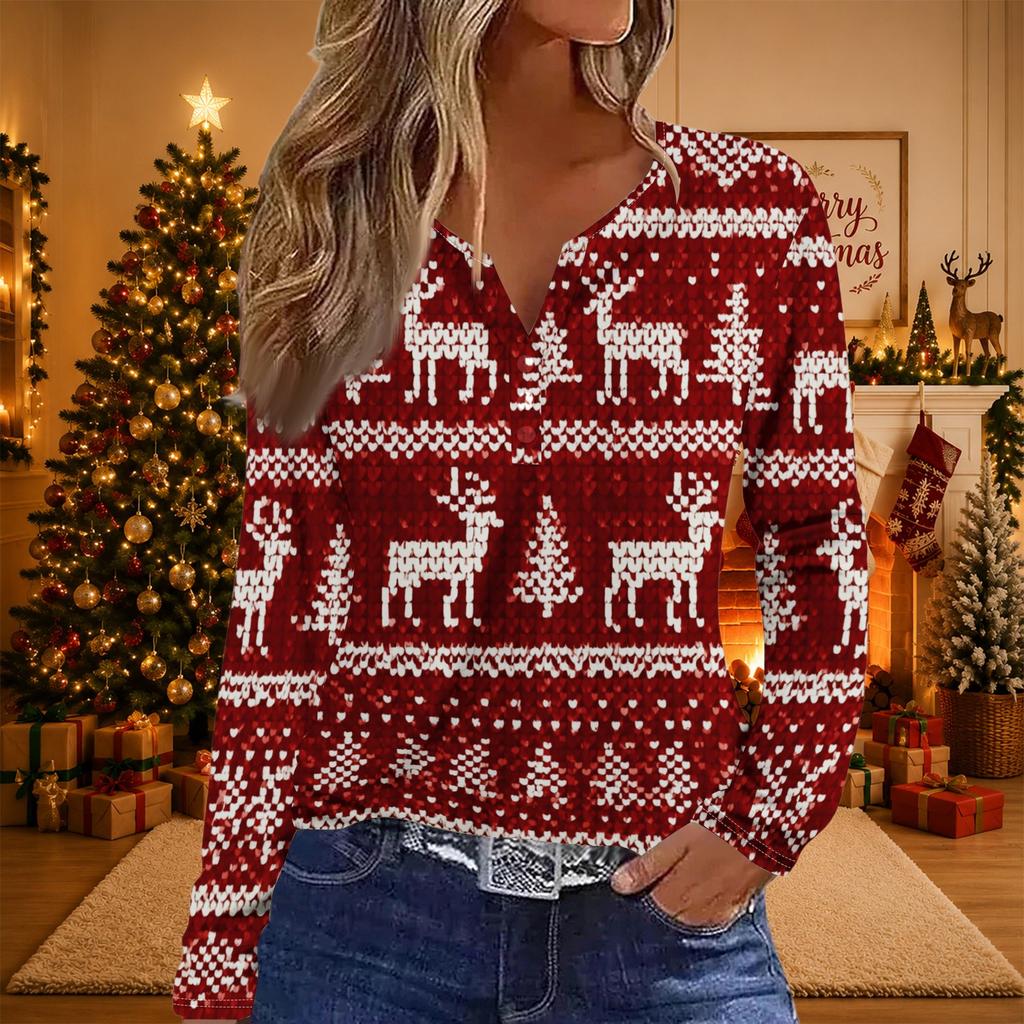 Women's Christmas Print V-Neck Long Sleeve Button Casual T-Shirt Tunic Blouse