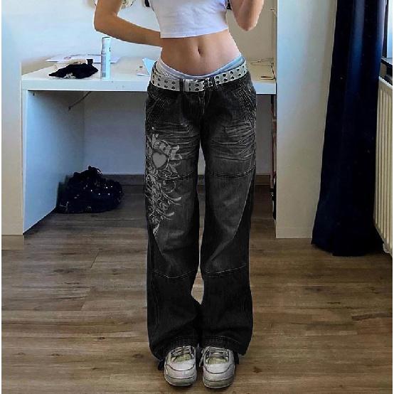 Street style women's clothing, irregular print loose long pants, low-waist pleated washed distressed multi-color jeans