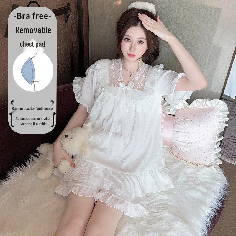 

Women s Princess Style Cloud Cotton Pajamas with Built-in Bra, Short Sleeve, Lightweight, Korean Style - Perfect for Home or Outdoor Wear XXL