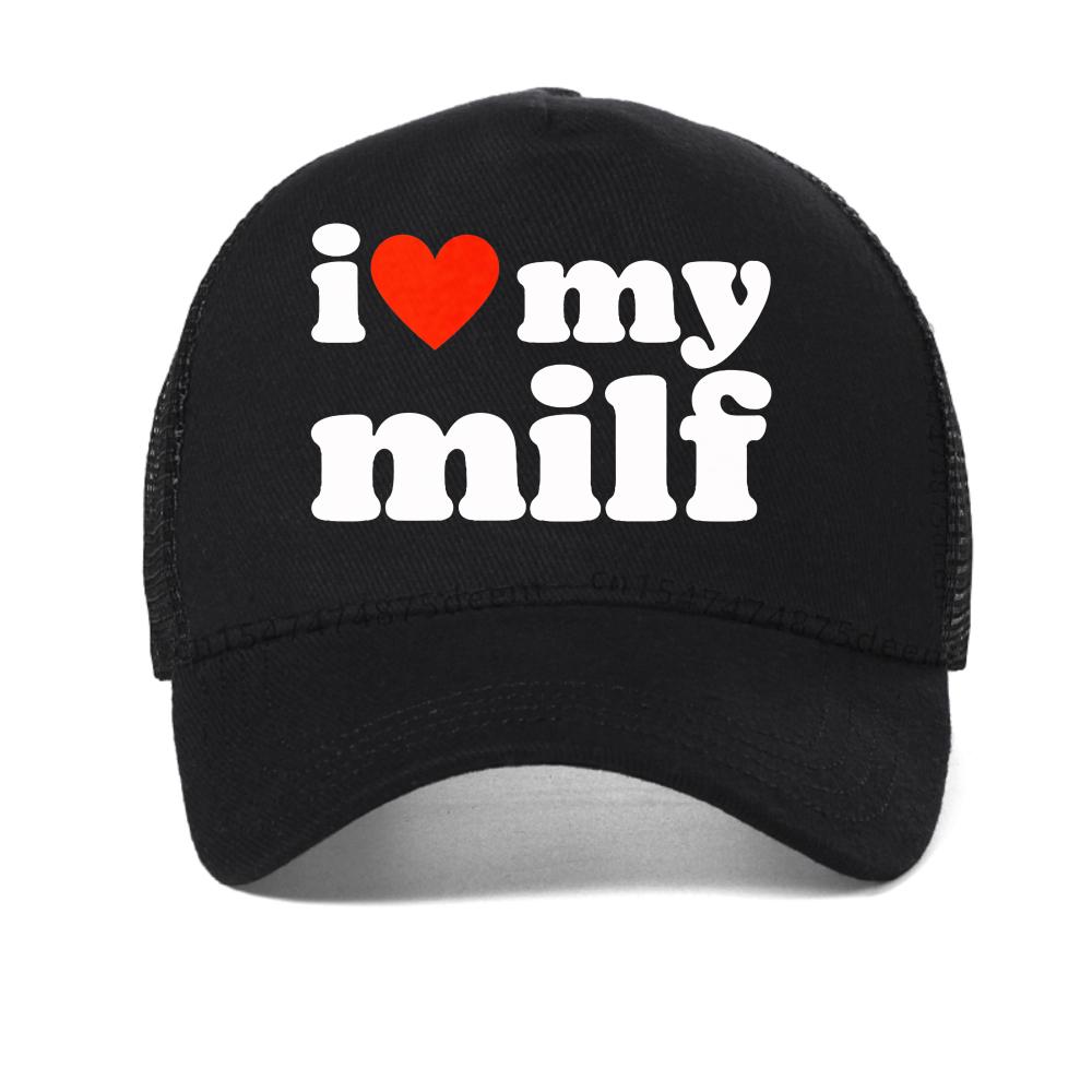 Men's I Love My Milf Baseball Cap Black I  MILFS Printed Text Casual Daily Wear Street Style Fashion Caps Mesh Snapback Hats