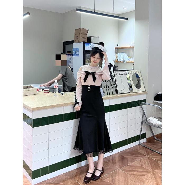 Women s Japanese-Style Off-the-Shoulder Lace Patchwork Fishtail Dress XL