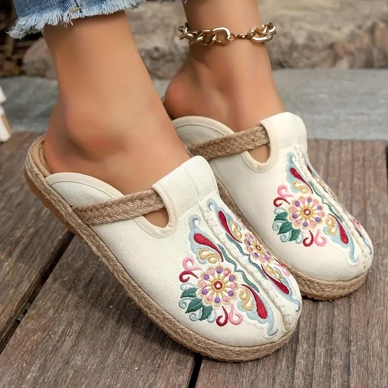 Handmade Floral Embroidered Slides Women's Ethnic Fabric Slides Woven Espadrille Sole Round Toe Slip-On Flat Heel Sandals for All Seasons