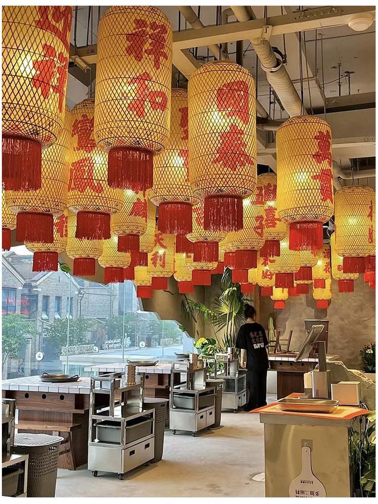 Catering Skewer Shop Decoration: Bamboo Woven & Oil Paper Lantern Chandelier for Restaurant, Hotel, Lobby, and Market in Ancient Style.