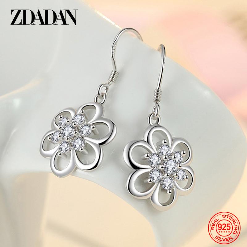925 Sterling Silver Hollow Flower CZ Dangle Earrings For Women Charm Jewelry Engagement Gift