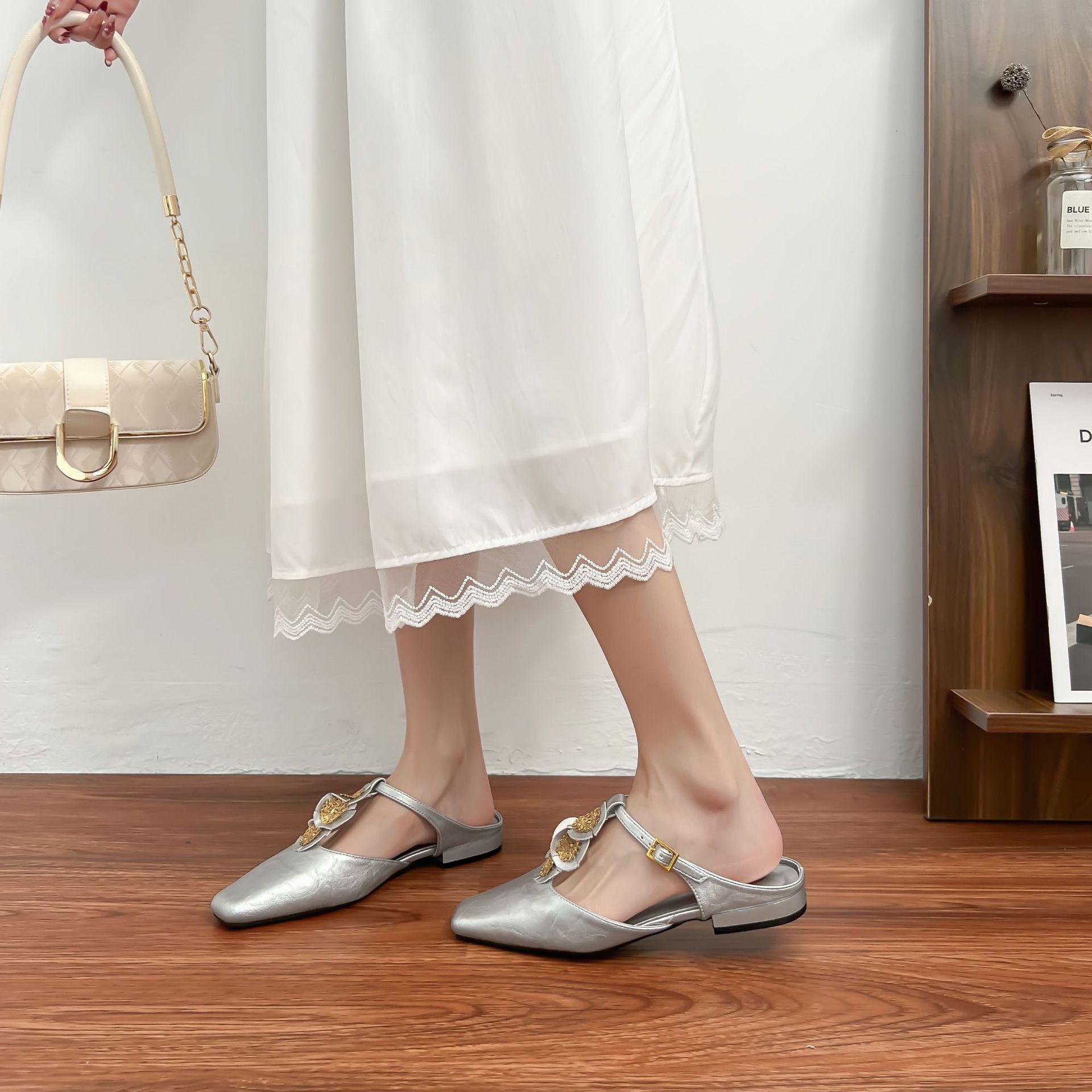 

Французские полубосоножки женские с открытой пяткой, Т-образным ремешком, французские туфли-мюли на плоской подошве, с закрытым носком, модные, из французской мягкой кожи, женские 39 серебряный