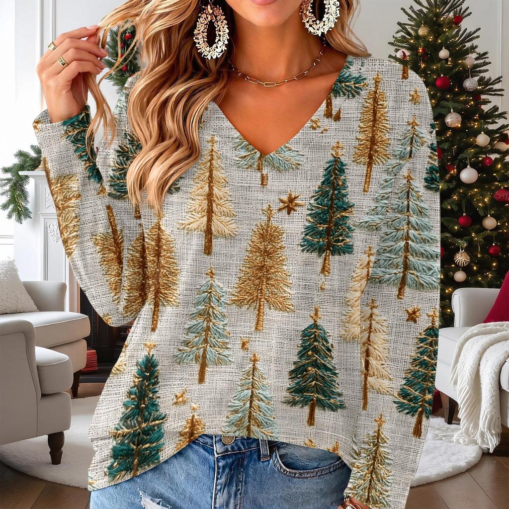 Women's V-Neck Long Sleeve Christmas Print Lightweight Blouse for Spring and Summer