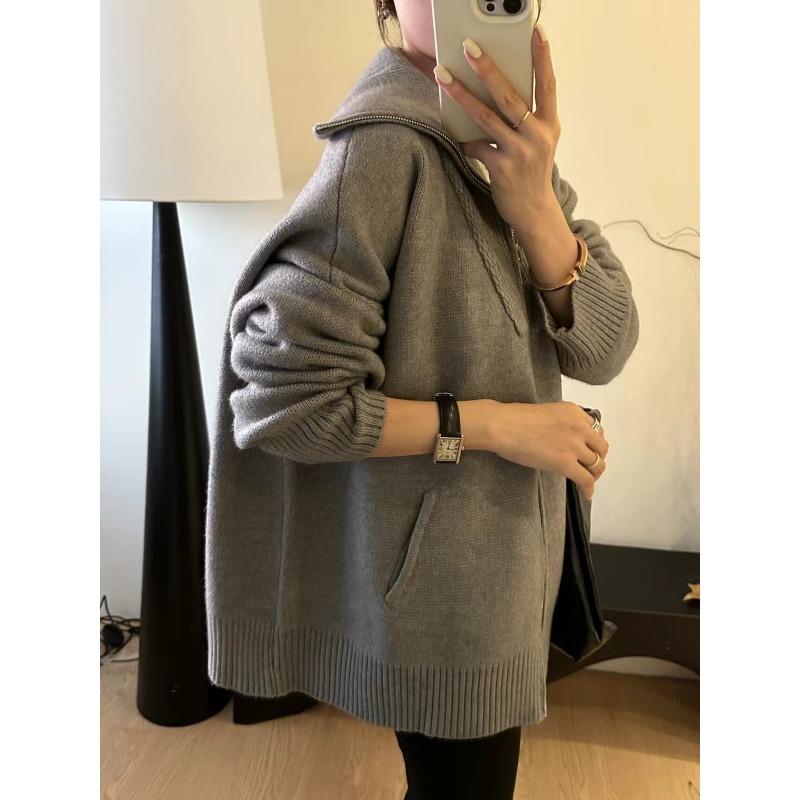 Double Zipper Lapel Thick Fashion Lazy Sweater Autumn and Winter New Loose Plus Size Knitwear Women