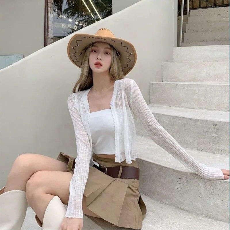 Cardigan sottile in seta di ghiaccio corto bianco da donna manica lunga lavorato a maglia protezione solare slim crop top Kintwear nuova moda semplice casual primavera estate