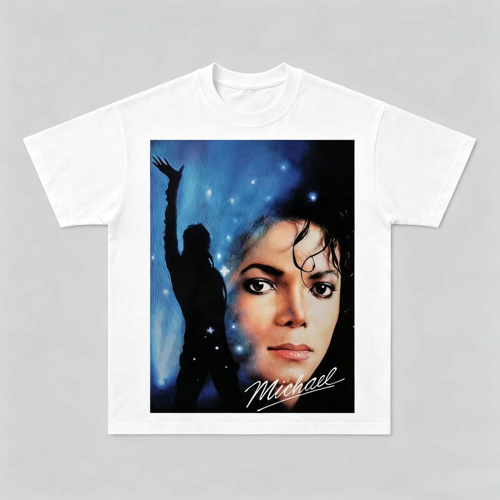 MJ King of Pop Blue Starry Sky Portrait Print T-Shirt, Unisex Vintage Fan Apparel Casual Streetwear Women And Men T-shirt
