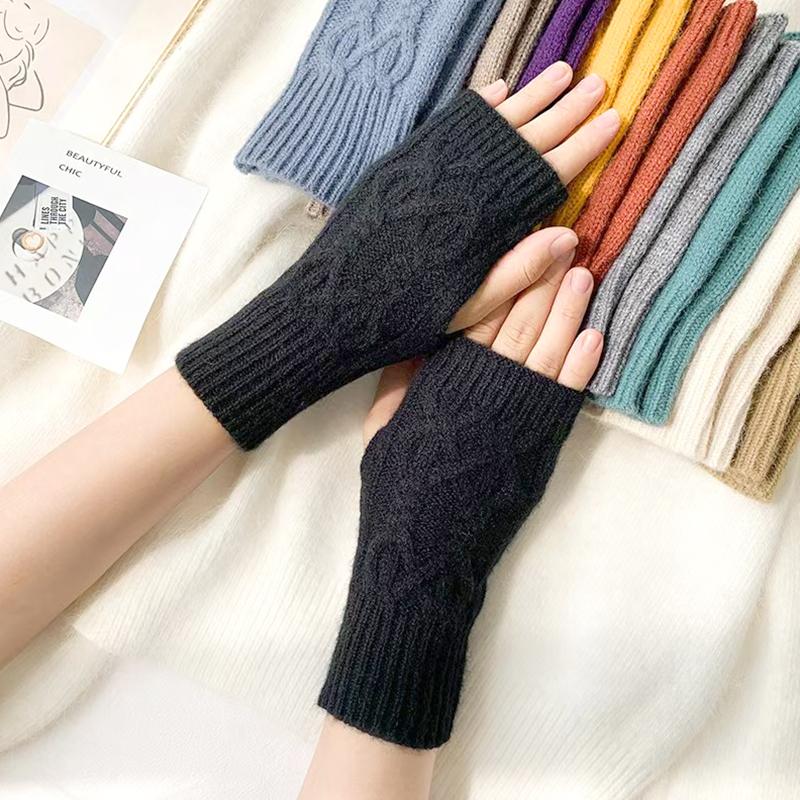 1Pair Women Winter Warm Gloves Soft Fingerless Long Polyester Solid Color Warmer Mittens