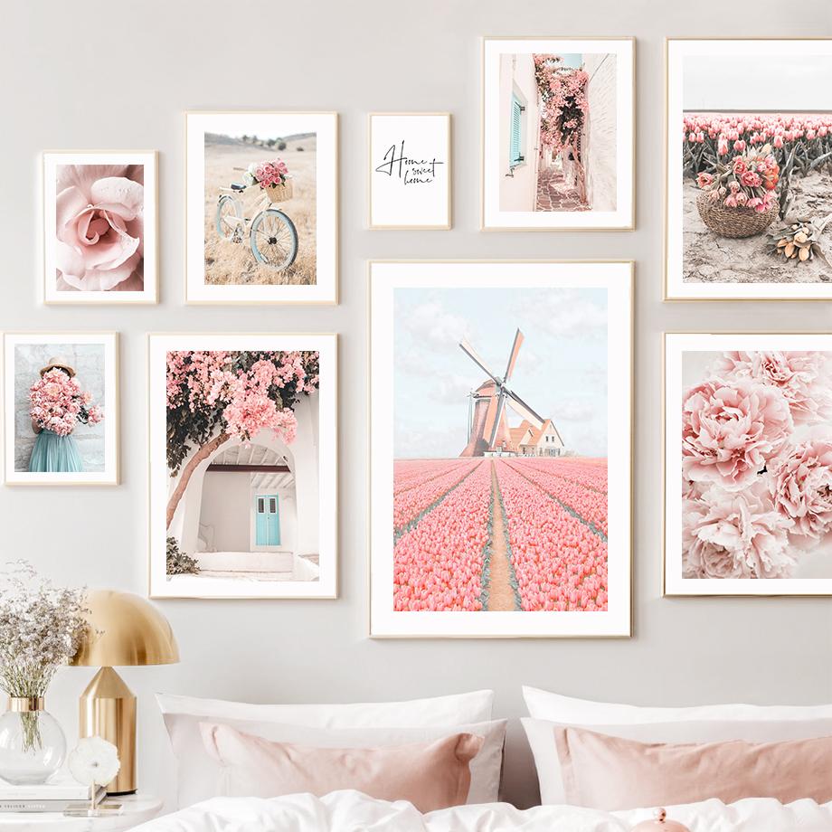 Pink Lily Rose Peony Girl Flowers Wall Art Canvas Painting Nordic Posters and Prints Pictures for Living Room Bedroom Home Decor