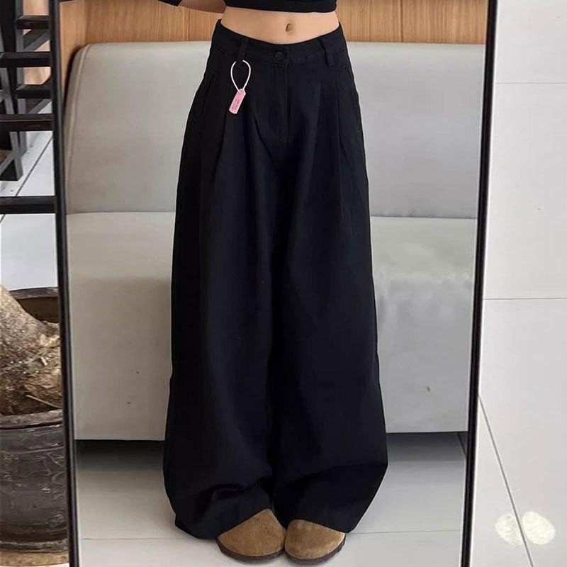 Damen Schwarze Jeans Locker High Waist Gerades Bein Lässig Weites Bein Jeanshosen