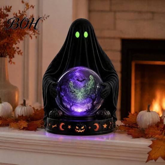 Samlarobjekt i vintagestil med LED-ljus, Halloween-dekor i falsk kristallkula, Hartsfigur av häxa/skelett/katt/spöke med läskig hemdekor