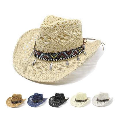 Ρετρό Έθνικ Στυλ Western Cowboy Ψάθινο Καπέλο Γυναικείο Παραθαλάσσιο Καπέλο Ηλίου για Παραλία Στυλ Διακοπών Casual Ευέλικτο Ψάθινο Καπέλο