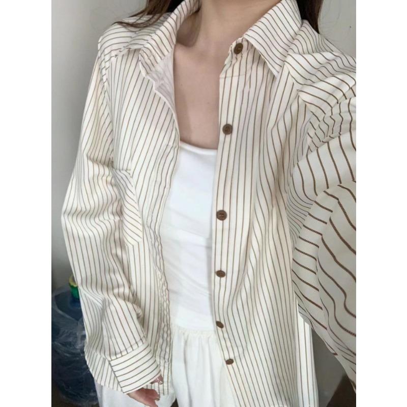 

Повседневные рубашки с длинным рукавом в полоску для женщин, весенние модные топы, темпераментные элегантные свободные блузки для женщин, однобортные, облегающие, женские офисные рубашки 2988 One size