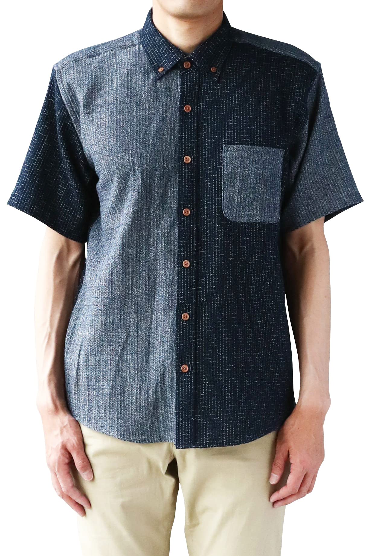 

Рубашка Watanosato Kurume из ткани чидзими переплетения x переплетения с карманом Сделано в Японии Переключающийся день с текстурой груши с коротким рукавом на пуговицах Отцовская (Размер