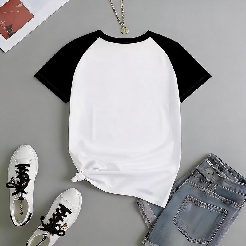 Halloween Skull and Cat Print Raglan Sleeve T Shirt Comfortable Women's Crew Neck Short Sleeve T-shirt Gothic Vintage Y2k Tops