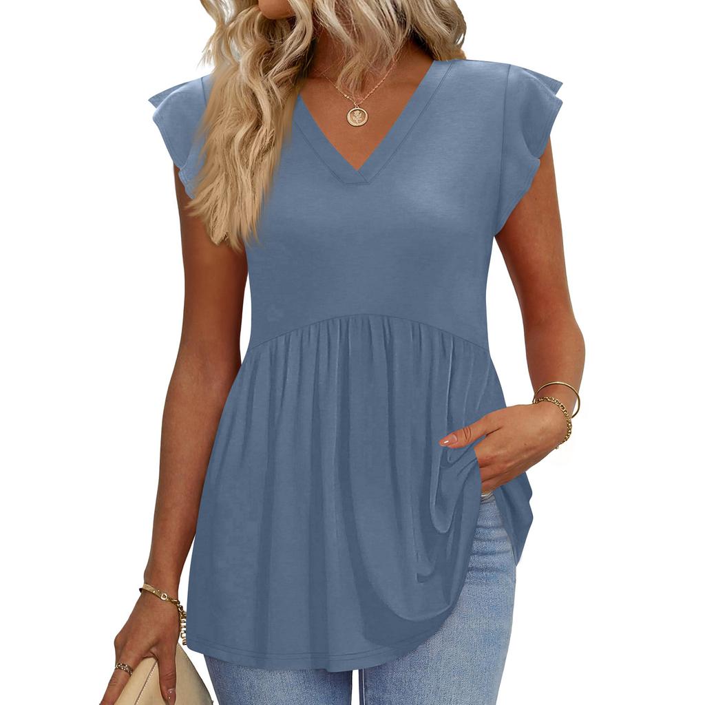 Womens Tops Fashionable V-neck Ruffled Sleeve Short-sleeved T-shirt Business Blouses