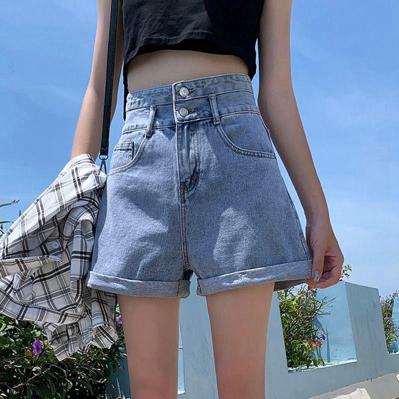 White High Waisted Denim Shorts for Women's Summer Loose A-line Shorts with Rolled Edges Denim Shorts