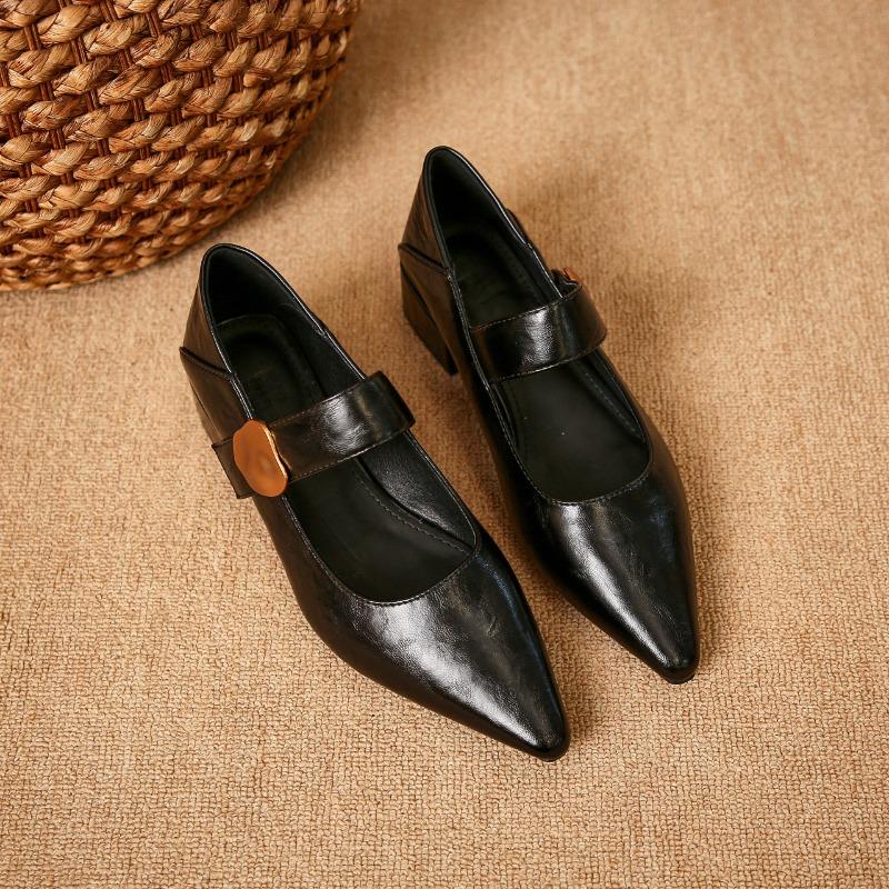 French Block Heel Single Shoes Women Spring and Autumn New Metal Buckle Pointed Toe Shallow Mouth One Belt Mary Jane Shoes