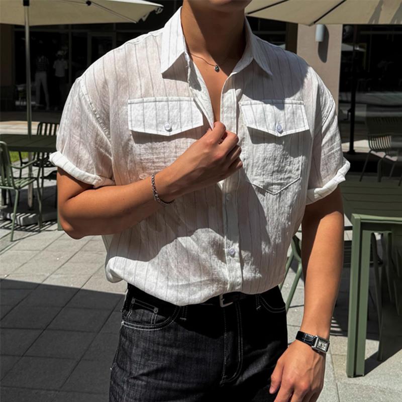 

INCERUN Мужская летняя рубашка с коротким рукавом и лацканами, повседневные полосатые топы S белый