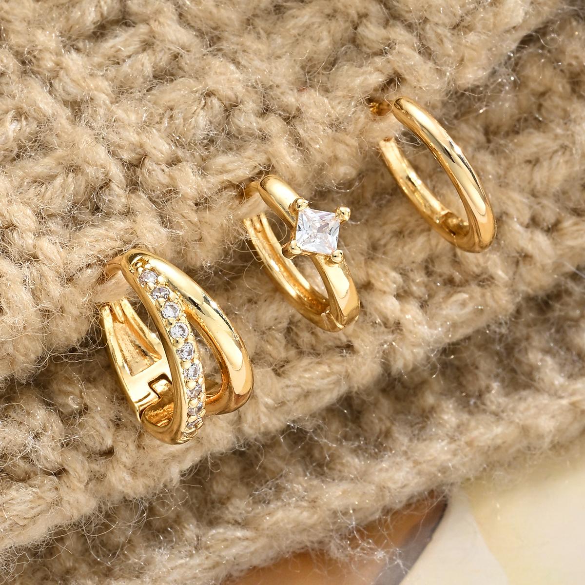 

3 PCS Shiny Crystal Huggie Hoop Earring Set For Women Fashion Stainless Steel Huggies Piercing Earrings Vacation Daily Jewelry