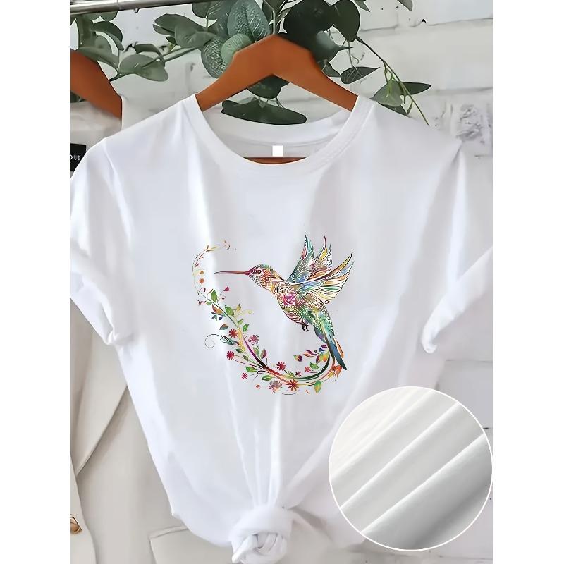 European sizes Women S Casual Short Sleeve T-Shirt with Vibrant Hummingbird & Floral Design - Breathable Round Neck, Machine Washable S белый