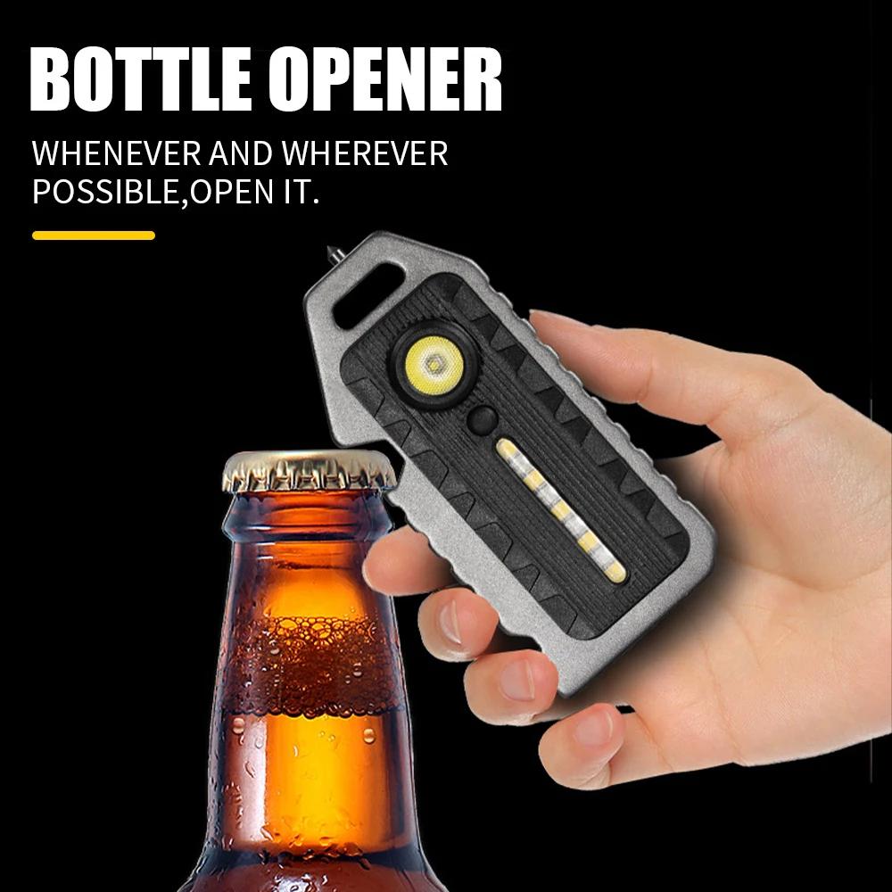 Portable LED COB Multi-functional Flashlight Keychain Outdoor Emergency Survival Whistle Bottle Opener Broken Window Hammer