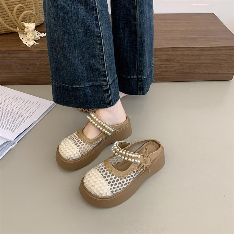 Thick-soled bag head half slippers women's outer wear 2025 new summer fashion breathable mesh slippers muffin sole height-increasing shoes