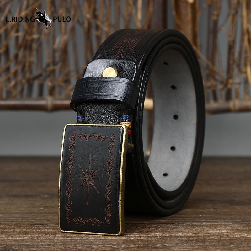 Retro Carved Pattern Trendy Handmade Smooth Buckle Belt Men's Buckle Genuine Leather Pure Cowhide Denim Belt