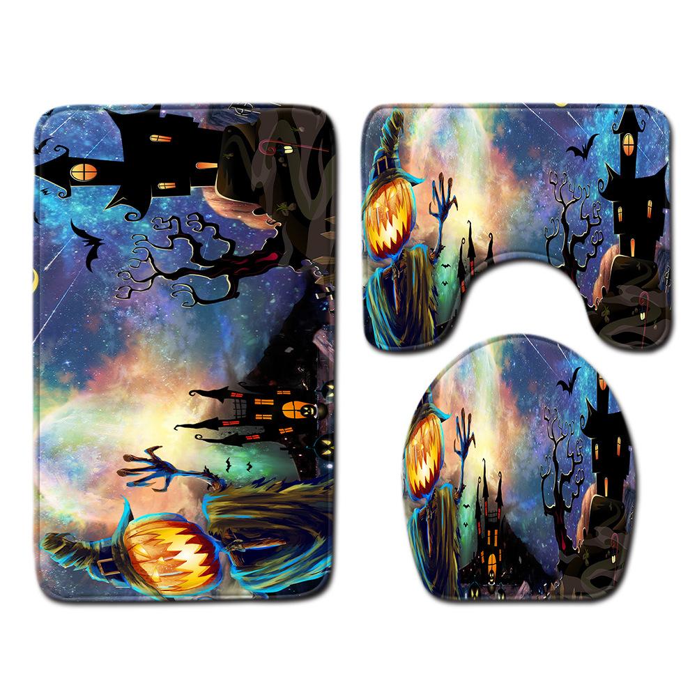 Halloween Shower Curtain Floor Mat Combination Four-Piece Set Bathroom Toilet Carpet Shower Room Foot Mat