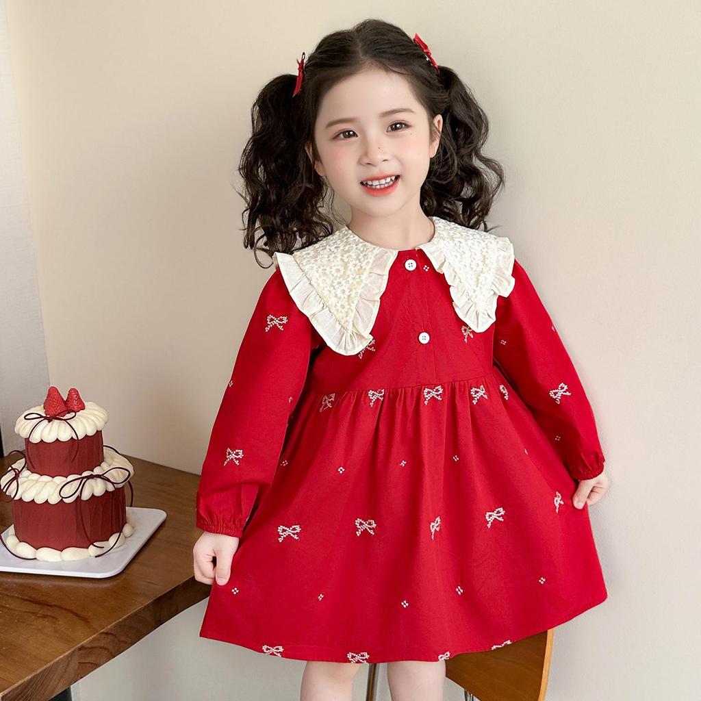 Spring Lace Collar Dress for Girls - Bow Embroidered Princess Skirt