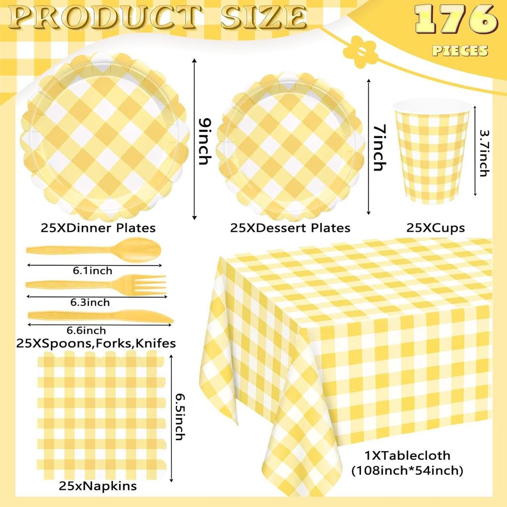 Yellow Gingham Lace Party Paper Plate Set for Kids Birthday Decorations Disposable Tableware 60-Pack