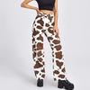 Fashion Women High Waist Loose Pocket Cow Printing Jeans Pants